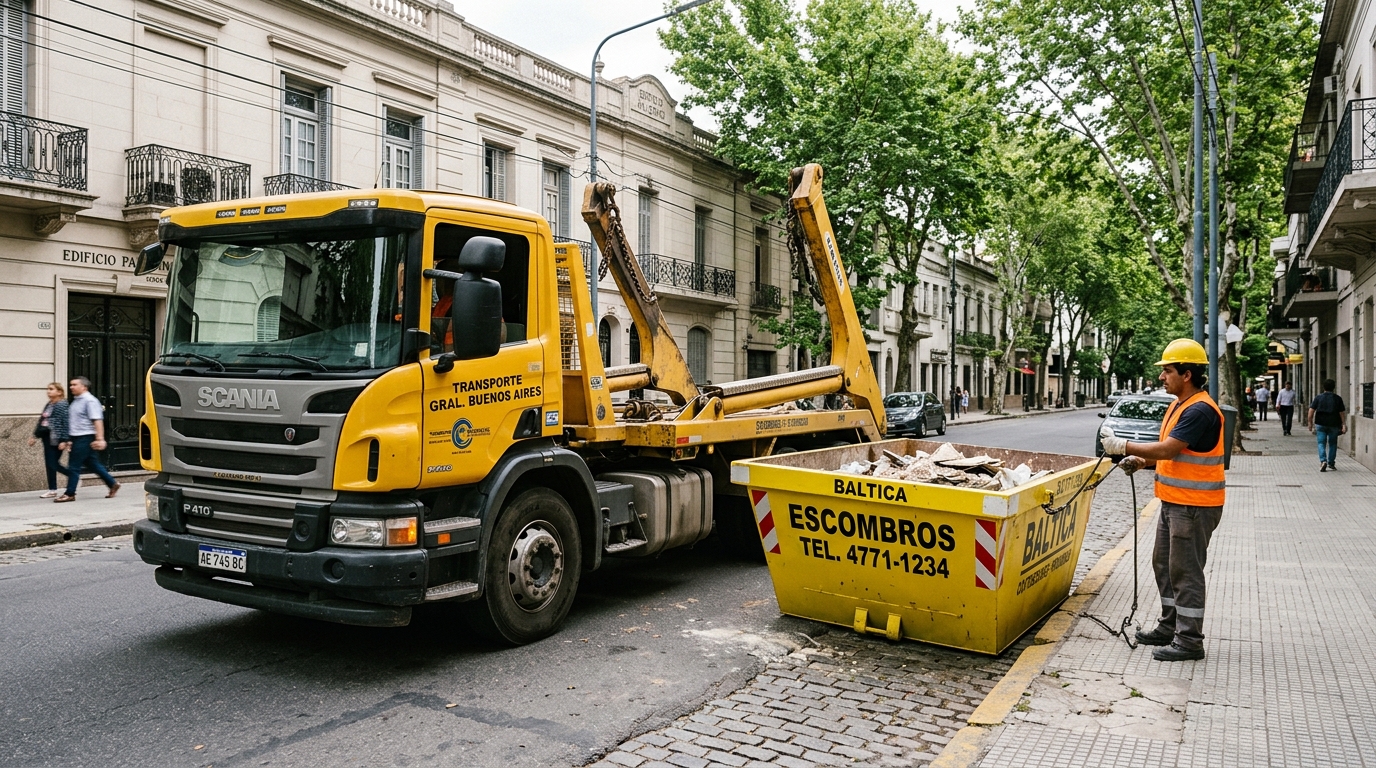 Camión roll-off descargando volquete en calle de Buenos Aires